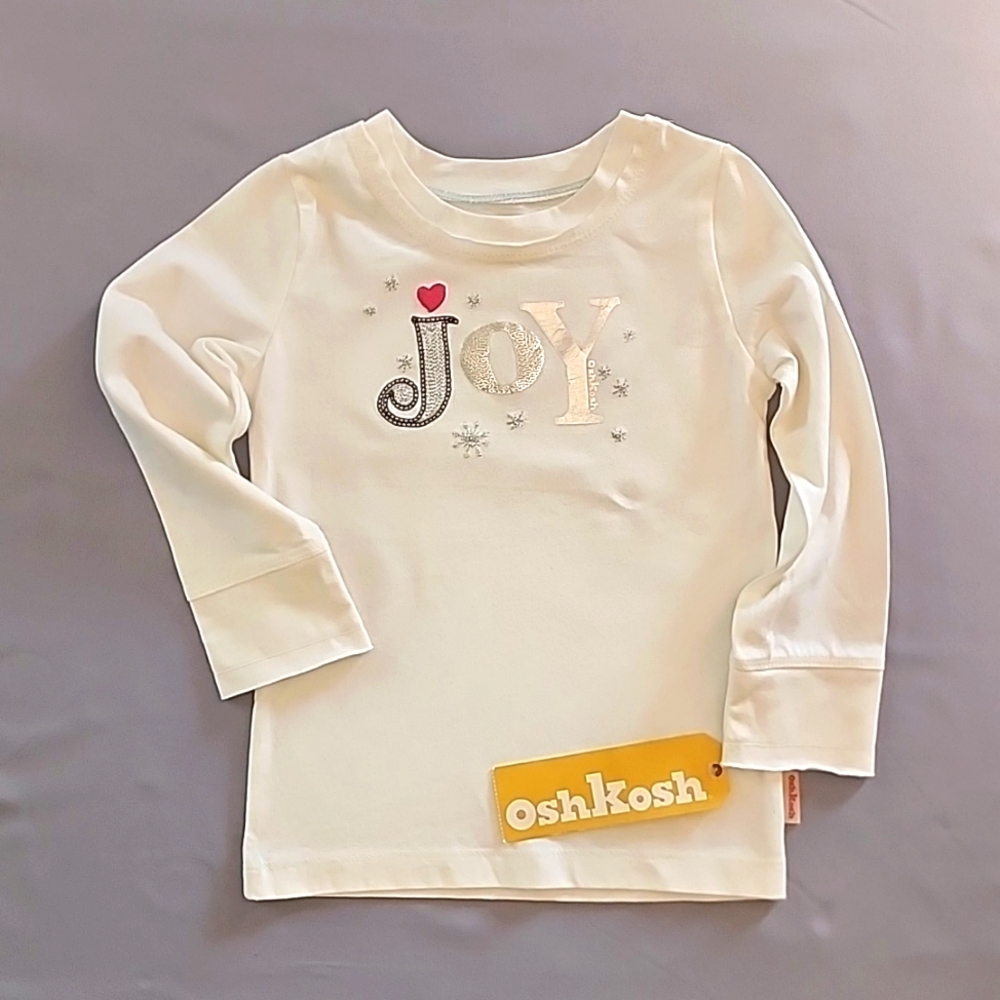 Oshkosh cream long sleeve (Joy) shirt.     Size: 2T